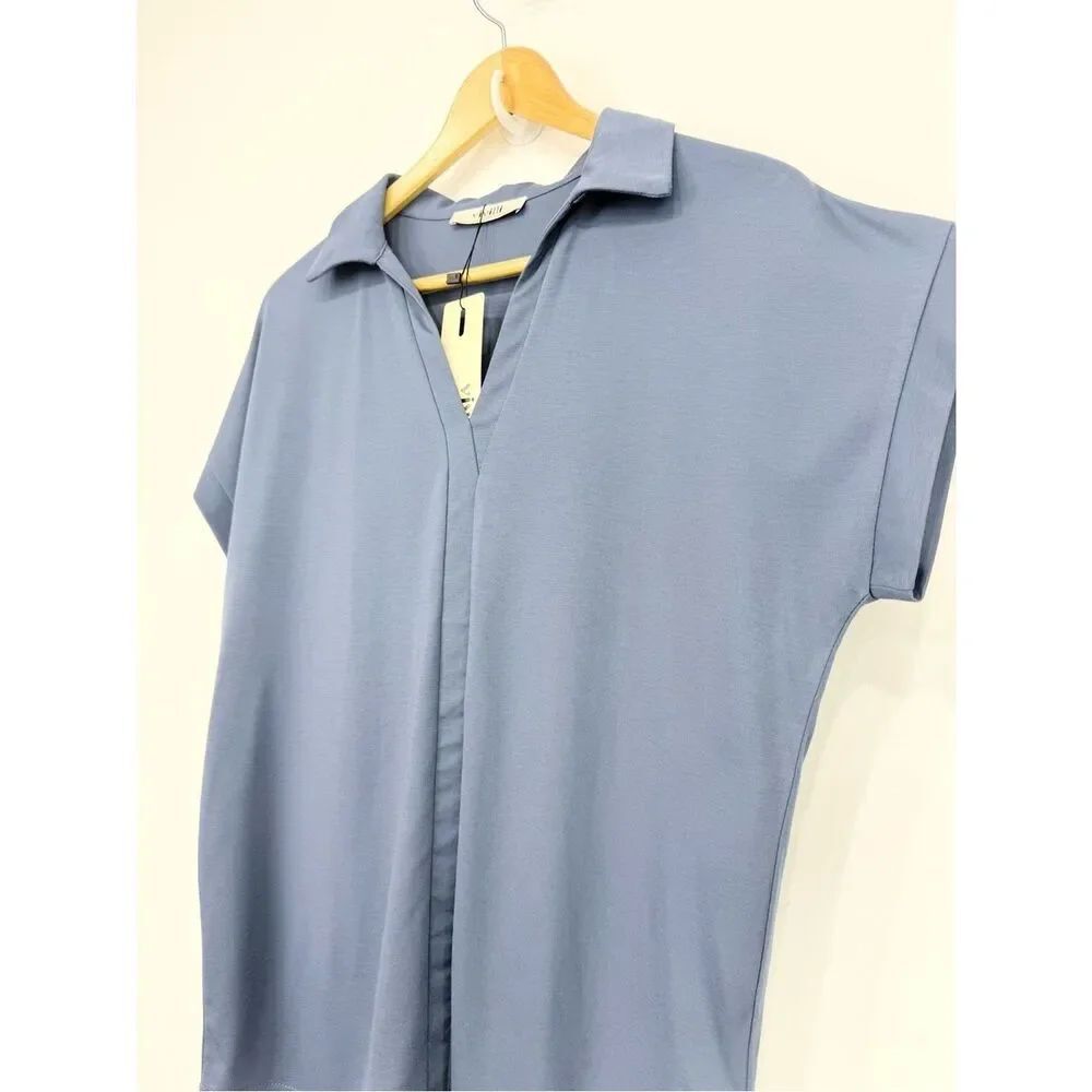 Vivilli Slate Blue Collared V Neck Short Sleeve Pullover Casual Top NEW - Picture 4 of 9
